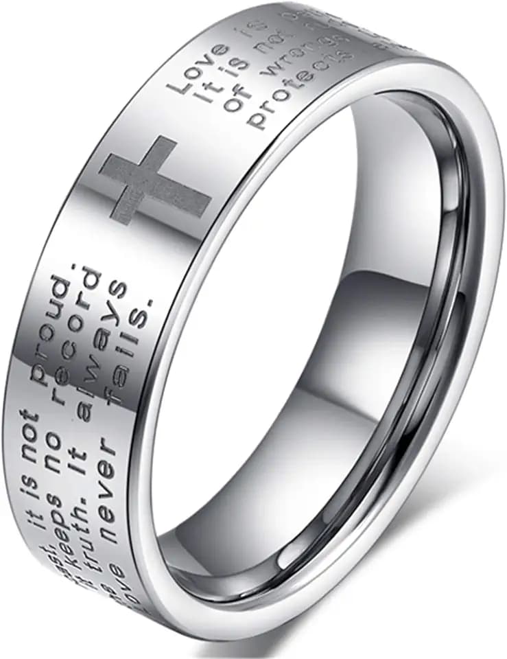 Fashion Month Men Women 6mm Tungsten Carbide White Ring Engraved English Bible Verses About Love Cross Band for Her Him