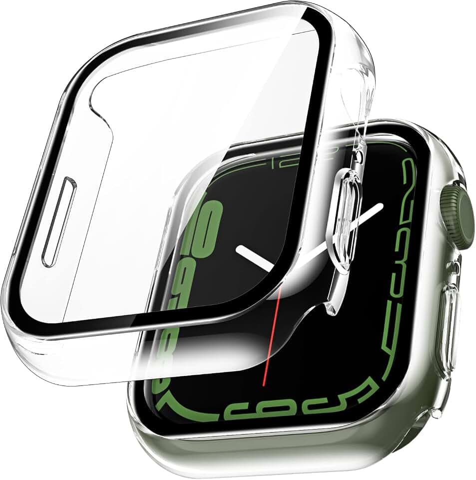 LϟK 2 Stücke Hülle mit Schutzfolie für Apple Watch Series 9/8/7 45mm - 360° Rundum Anti Kratz Anti Staub Schutzhülle Schutz Case mit Glas Displayschutz für iWatch 45mm S9 S8 - transparent