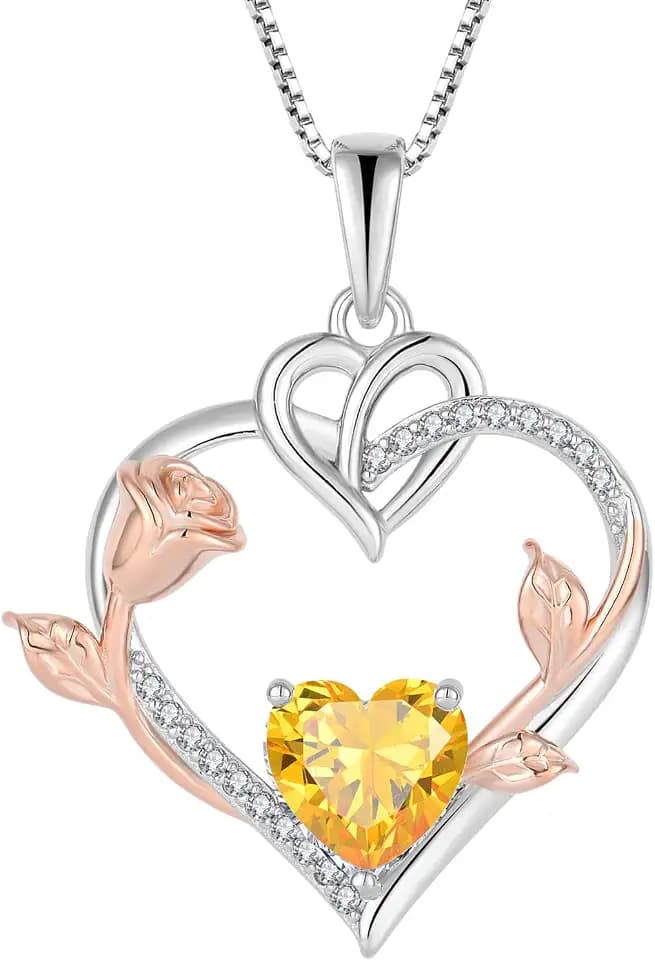 Rose Heart Necklaces for Women - 925 Sterling Silver Gold Rose Birthstone Pendant Jewelry for Girlfriend Daughter - Anniversary Birthday Christmas Valentines Day Mother’s Day Jewelry Gifts for Women Wife Her Girls Mom