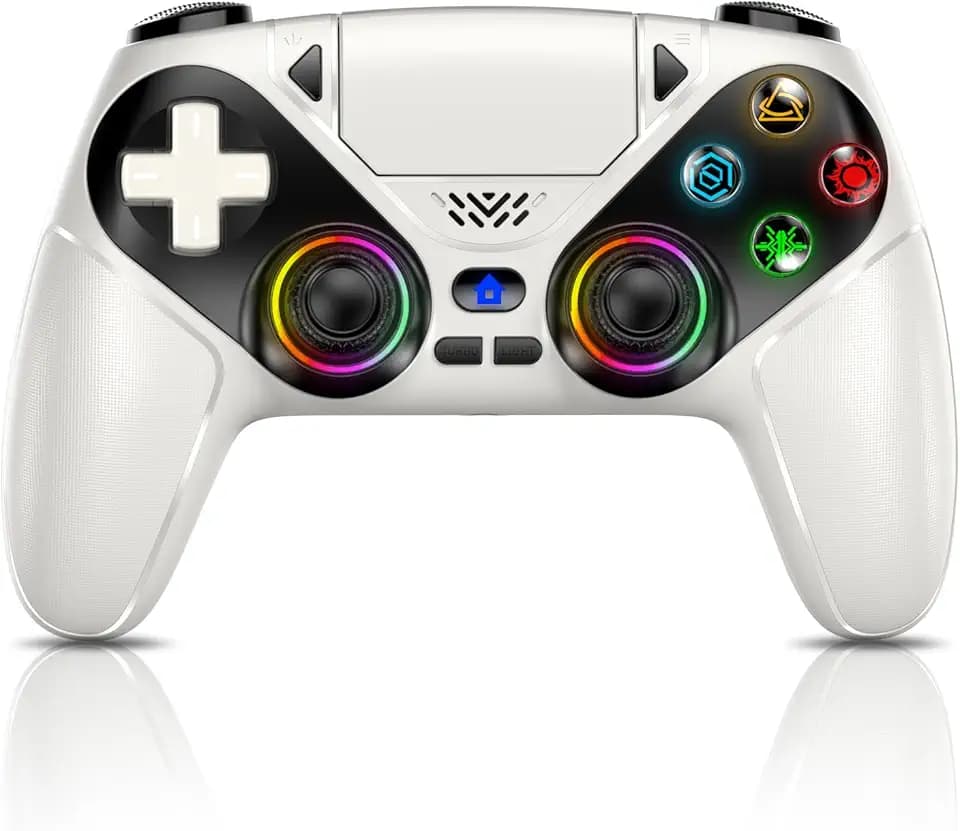 GGiking RGB Wireless Controller für PS5/Pro/Slim & PCs, Bluetooth Gamepad mit Paddles, Touchpad, Macro, Turbo, Dual-Vibration, 6-Achsen-Sensor, 3,5mm Audio-Jack & Lautsprecher - Weiß