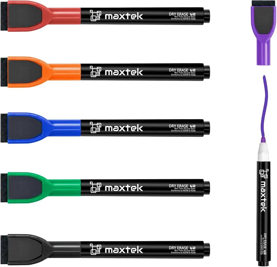 maxtek Magnetische Whiteboard Marker, 6 Farben Stifte abwischbar mit Radiergummi, Feinspitze 1–2 mm Linienbreite, Folienstifte für Zuhause, Schule & Büro (6 Stück)