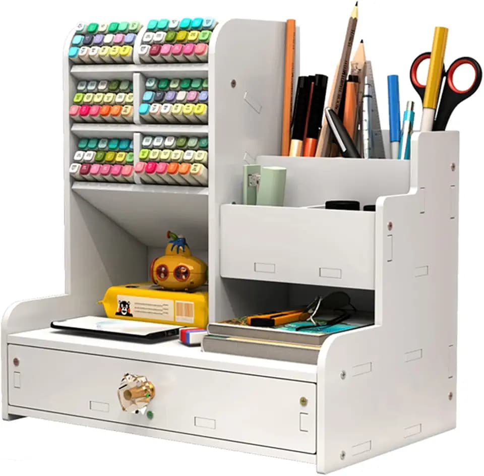 Holz Bleistifthalter, Schreibtisch Organizer Multifunktions Desktop Schreibwaren Stifthalter Box für Home Office Schulbedarf Lagerregal mit Schublade Weiß-pb17