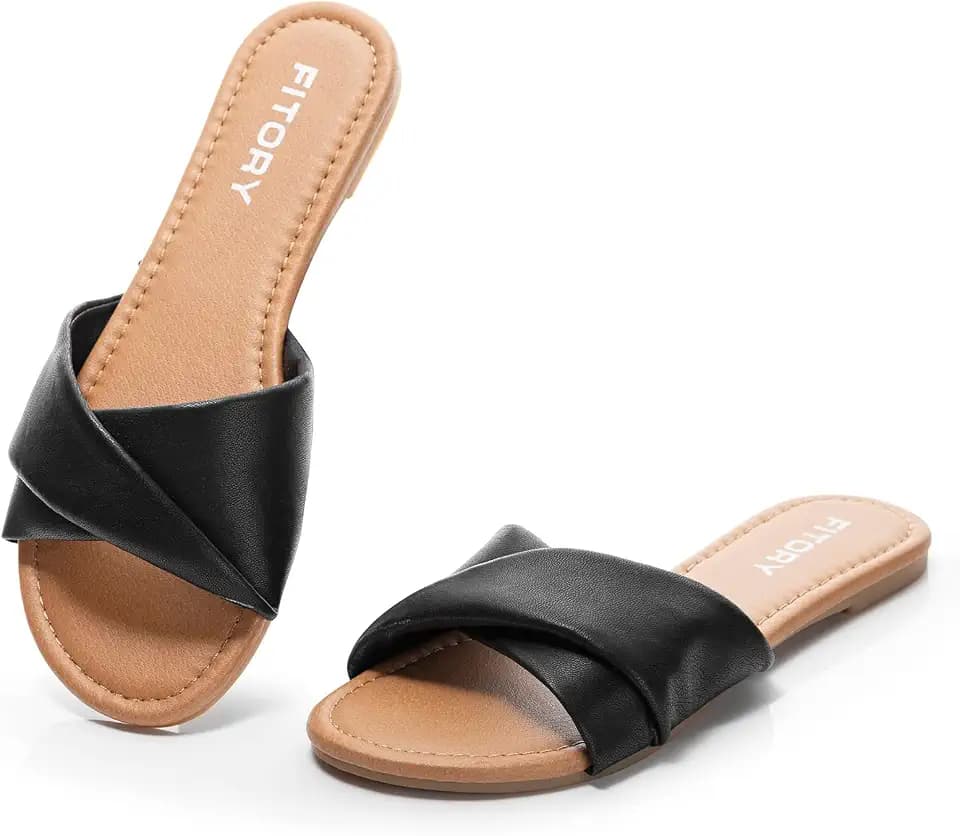 FITORY Womens Flat Sandals Fashion Slides with Soft Leather Slipper Summer