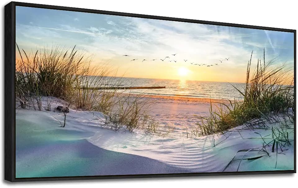 Black Wood Framed Canvas Wall Art - Large Size Ocean Beach Seascape Wall Pictures - Sunny Sea Theme - 24" X 48" - For Living Room, Bedroom & Office Decor
