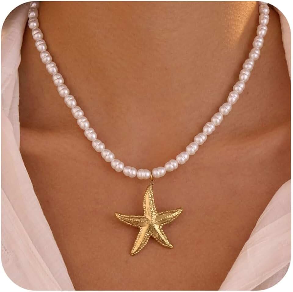 Pearl Necklace for Women Gold Starfish Shell Fish Pendant Necklaces