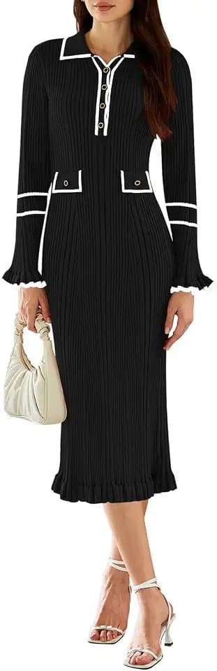 Pink Queen Women's V Neck Bodycon Sweater Dress 2026 Long Sleeve Half Button Slim Fitted Ruffle Ribbed Knit Maxi Pencil Dress