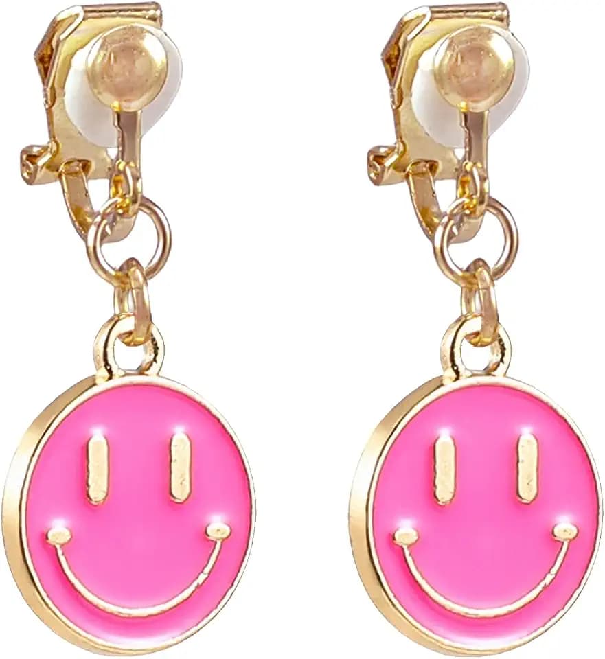 Preppy Clip On Earrings for Women Non Piercing Smile Face Pendant Pink White Gold Small Dangle Drop Earrings Trendy Y2K Jewelry Gifts