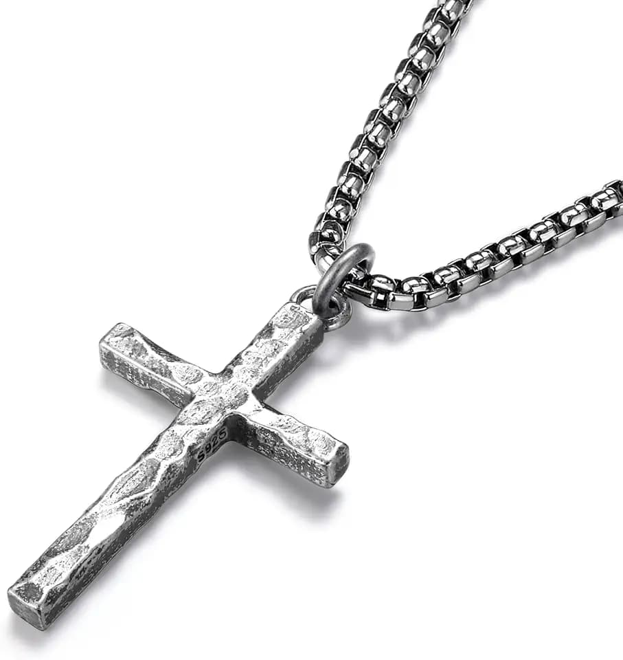 925 Sterling Silver Cross Necklace for Men Box/Cuban/Figaro Chain