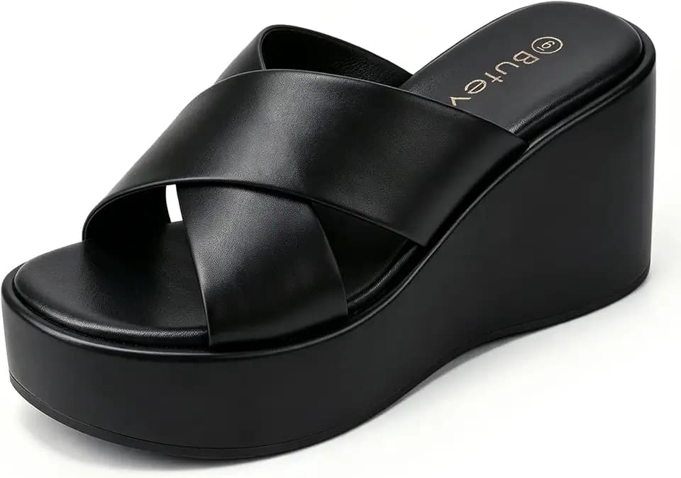 Wedge Chunky Platform Womens Sandals Crisscross Band Upper Black Slides Open Toe Fashion Summer Sandals for Women