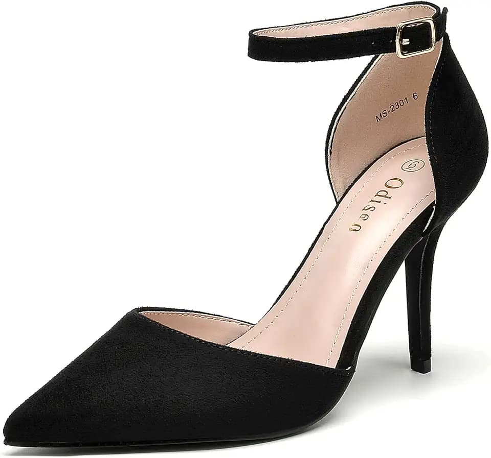 Odisen Women's Black Heels Closed Toe Pointed Toe Ankle Strap Stiletto Pumps Comfortable Wedding Dress Shoes, Black Suede 8.5