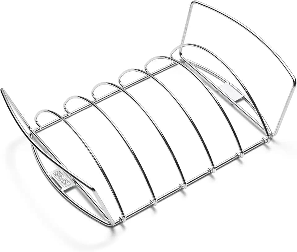 Weber Premium Spare-Rib-Halter & Bratenkorb, beidseitig nutzbar, spühlmaschinenfest, passend für Weber Q 300/3000 & größere Gasgrills sowie Holzkohlegrills ab Ø 57 cm - Silber (6469)