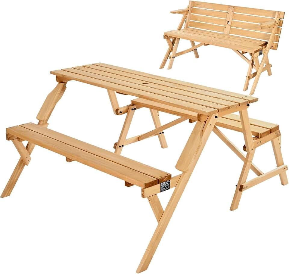VEVOR 2 in 1 umwandelbarer & austauschbarer Picknicktisch, Outdoor-Tisch- und Bank-Set aus Holz, tragbare, Faltbare Bank mit Loch für Schirm, Essmöbel für Garten, Hinterhof, Veranda (braun)