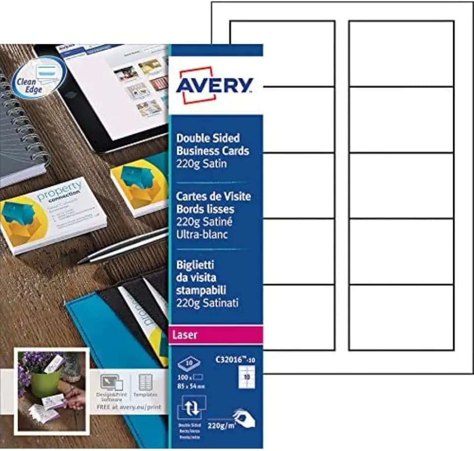 AVERY - Visitenkarten mit glattem Rand, beidseitig bedruckbar, 220 g/m², weiße Karte mit 100 Stück, Format 85 x 54 mm, Laserdruck (C32016-10)