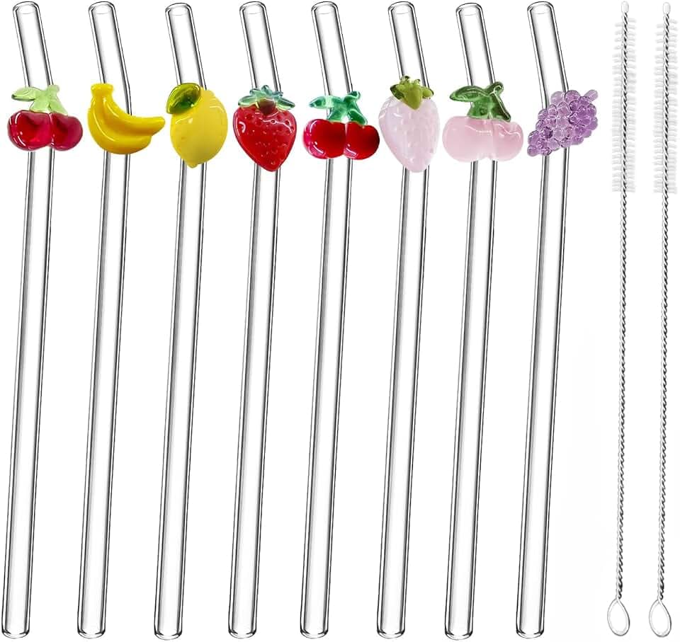 8Pcs Glass Straws With Fruit Charms,Include As A Bonus Two Straw Cleaning Brushes. (Mixed Fruit Styling)