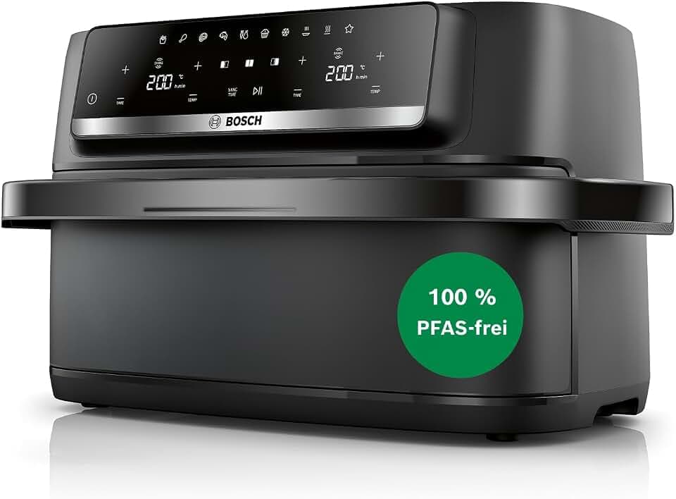 Bosch Heißluftfritteuse Serie 4, Doppelkammer mit herausnehmbarer Trennwand, 10L (2 * 5L) Airfryer Dual, 6 Programme, bis zu 230 Grad, spülmaschinengeeignet, Schwarz, MAFD490B0