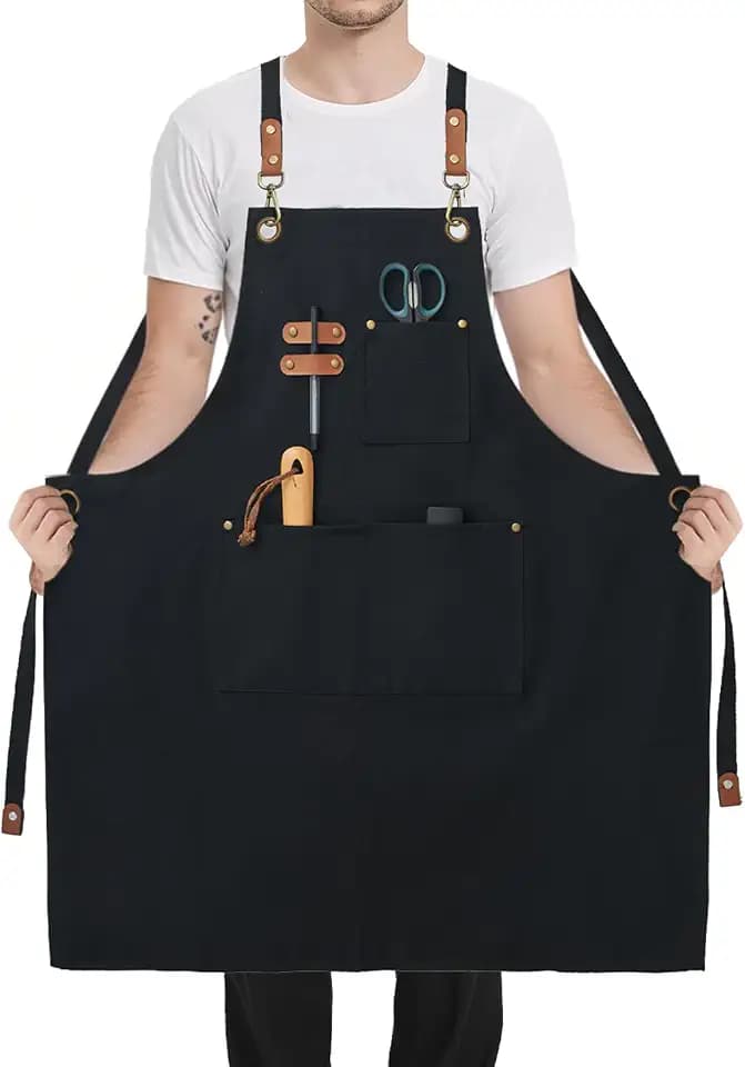 Plus Size Canvas Aprons with 3 Pockets Adjustable Cross Back Strap Unisex
