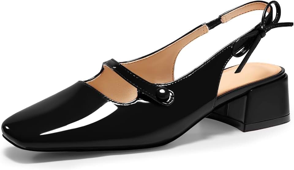 Coutgo Womens Mary Jane Shoes Slingback Chunky Low Heels Bow Closed Square Toe Pumps Wedding Party Dress Shoes