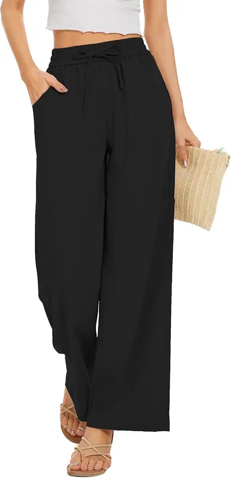 KICZOY Women Flowy Pants Drawstring Waist Wide Leg Palazzo Beach Pants Loose Fit with Pockets