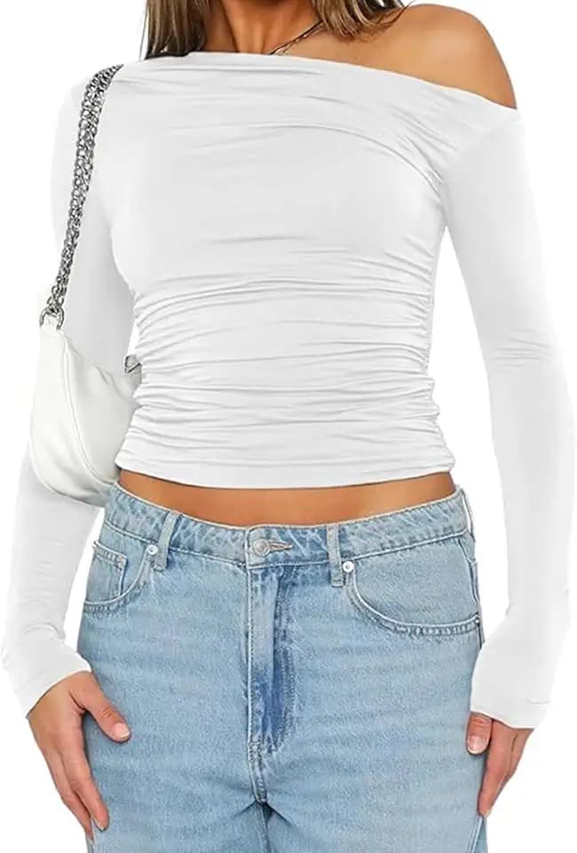Schulterfreies Oberteil Langarmshirt Damen Basic Tshirt Casual Y2K Slim Fit Crop Tops