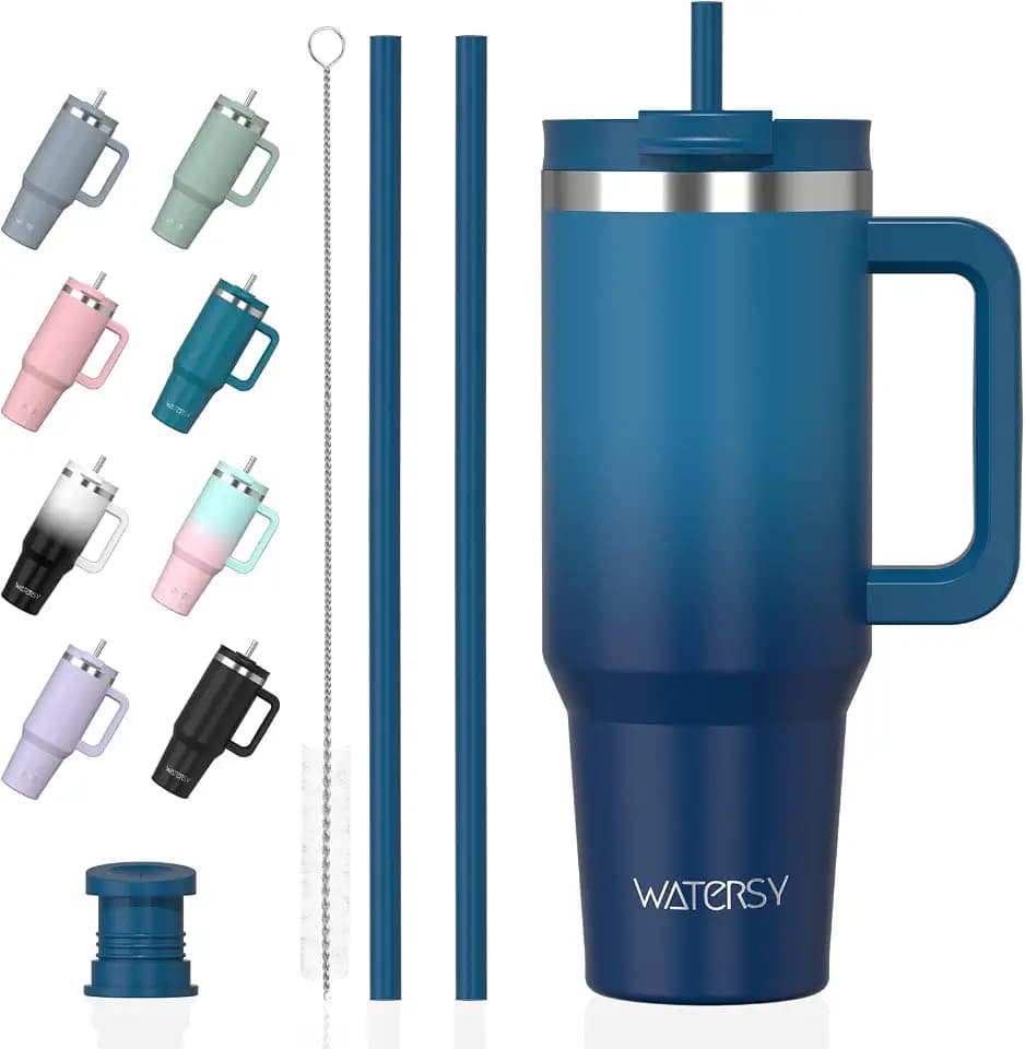 WATERSY 1.2L Thermobecher mit 2 Strohhalmen, Trinkbecher Auslaufsicherer Kaffeebecher To Go Vakuum-Isoliert mit BPA frei Schraubdeckel, Trinkflasche Kühlt 12 Stunden,Tiefseelndigo
