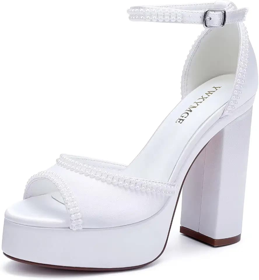 Platform Heels Wedding Shoes for Bride Ankle Strap Bridal Heeled Sandals Wedding Heels