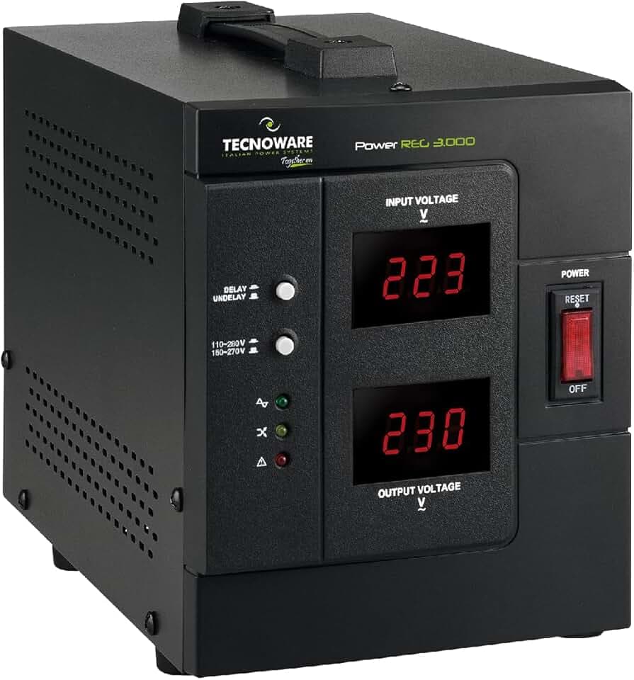 Tecnoware Power Systems Spannungsstabilisator 3000VA für Modem, Router, PC und kleine elektronische Geräte, schützt vor Stromschwankungen, ist kein USV, einsatzbereit