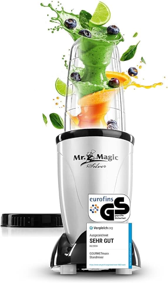 GOURMETmaxx Mr. Magic Mixer | Smoothie Maker - 4-tlg. | Standmixer mit Mixbecher & Frischhaltedeckel | Blender mit 8 Funktionen | Food Processor für Shakes, Smoothies, Shots & Co.