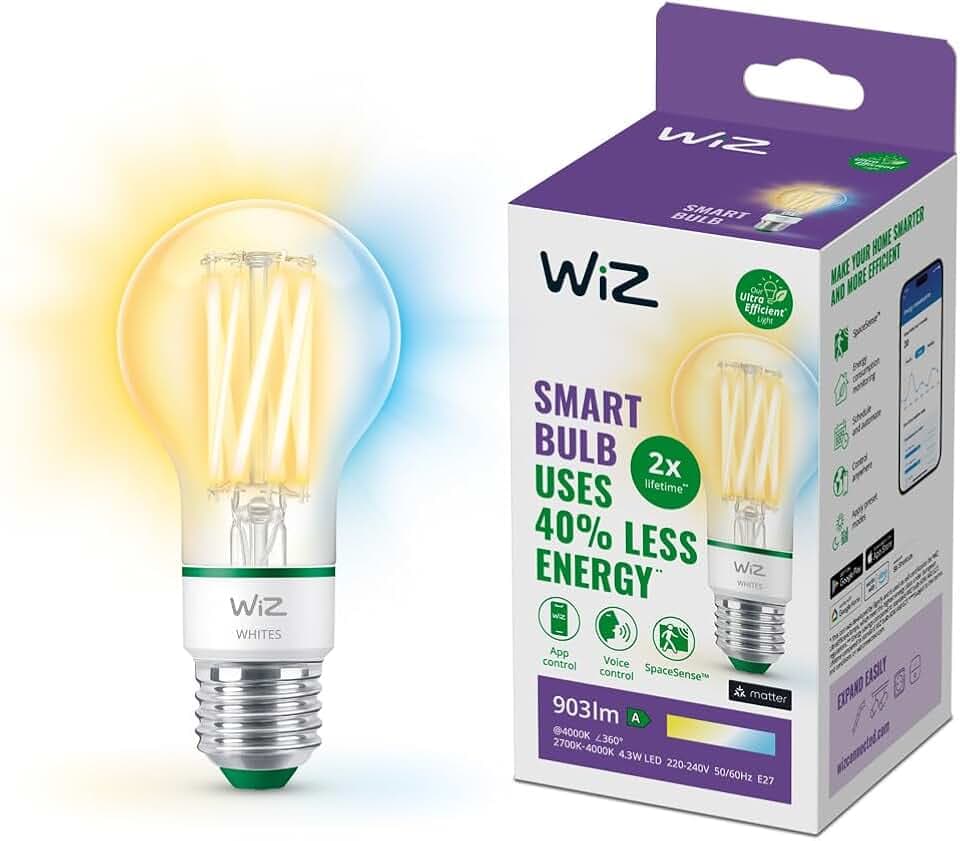 WiZ ultra effiziente smarte LED Lampe, E27, Energieeffizienzklasse A, energiesparend, Automatisierung und smarte Steuerung per App/Stimme über WLAN