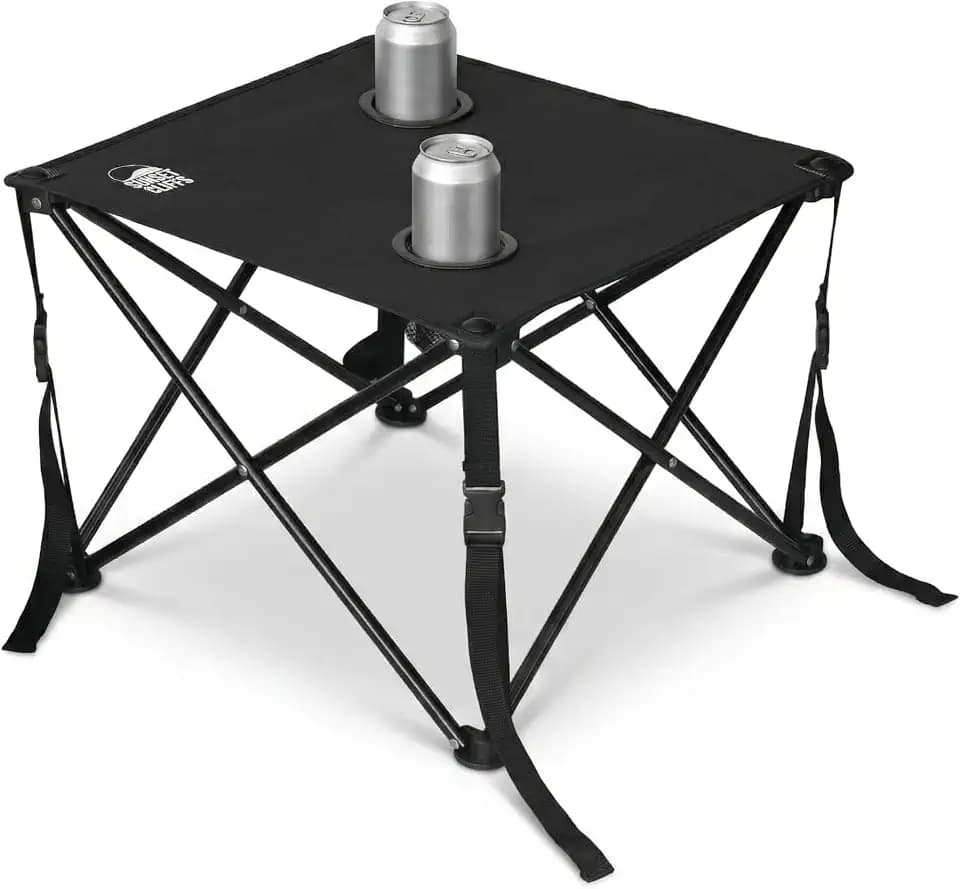 Sunset Cliffs Portable Beach Table with 2 Cup Holders & Carry Bag Lightweight Folding Camping Side Table 19" x 19" Compact Outdoor Table for Sand, Picnic, and Travel Black