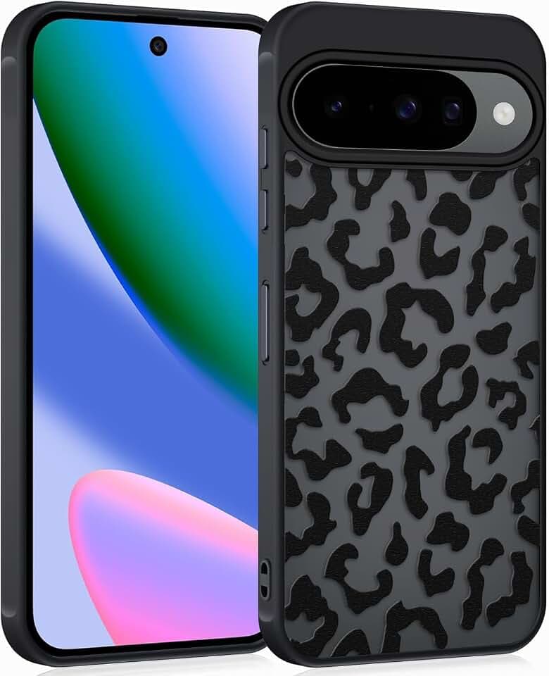 Coqinen Handyhülle für Google Pixel 10/10 Pro Hülle, Matt Transluzente Case mit Stilvolle Leopard Muster, Silikon Aesthetic Schutzhülle mit Kratzfeste PC Rückseite + Stoßfest TPU Bumper - Schwarz