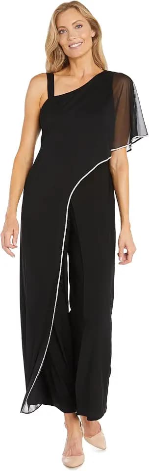 Elegant One Shoulder Capelet Jumpsuit W/Chiffon Overlay & Rhinestone Trim
