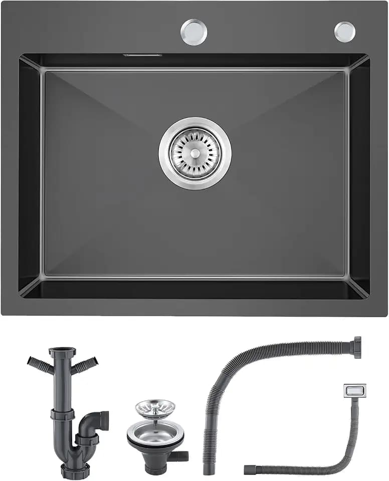 Spülbecken 304 Edelstahl 50 x 45cm mit Siphon, Spüle Grau Schwarz