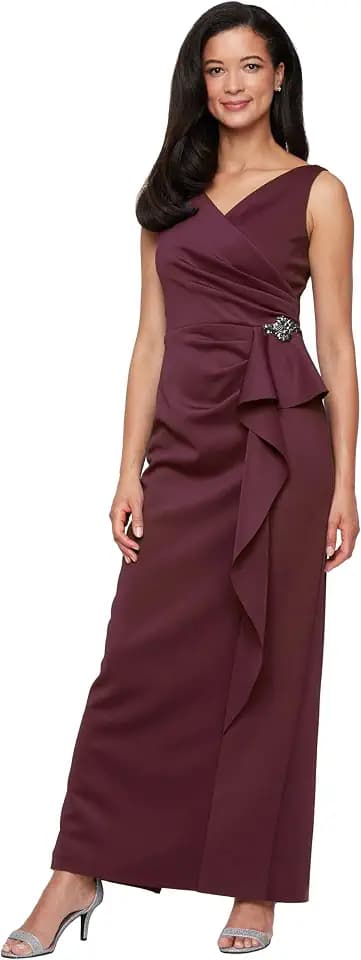 Alex Evenings Women's Sleeveless Stretch Scuba Crepe Dress with Embellished Detail at Hip and Cascade Ruffle Skirt