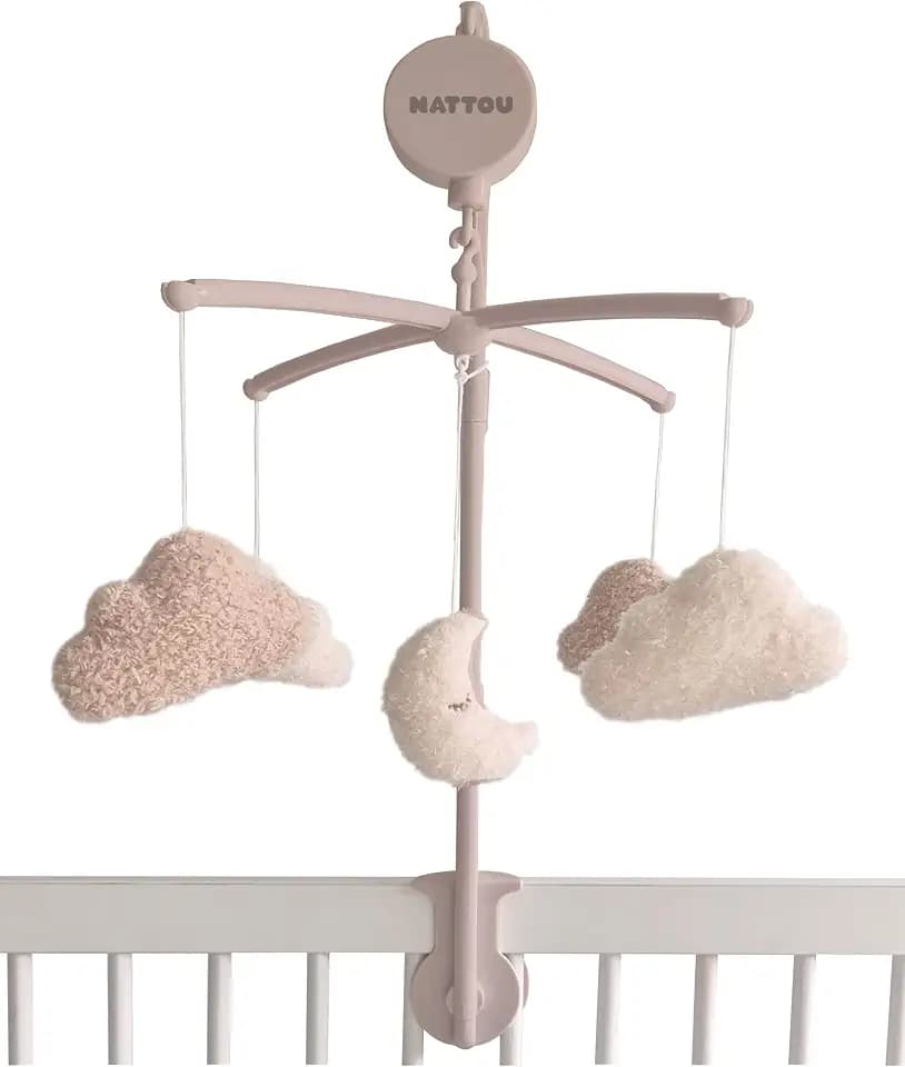 Nattou Mobile mit Spieluhr aus Holz, Mond und Wolken, Sanftes Wiegelied La-Le-Lu, Ca. 65 cm, Teddy, Beige/Weiß