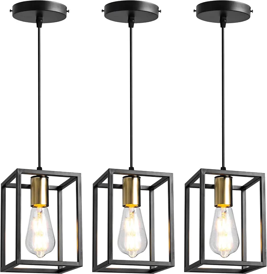 3 Pack Farmhouse Black and Gold Pendant Lights, Hanging Lamps for Living Room Entryway Foyer Indoor, Cage Lantern Kitchen Island Dining Room Light Fixture, Modern Matte Black Industrial Iron Light