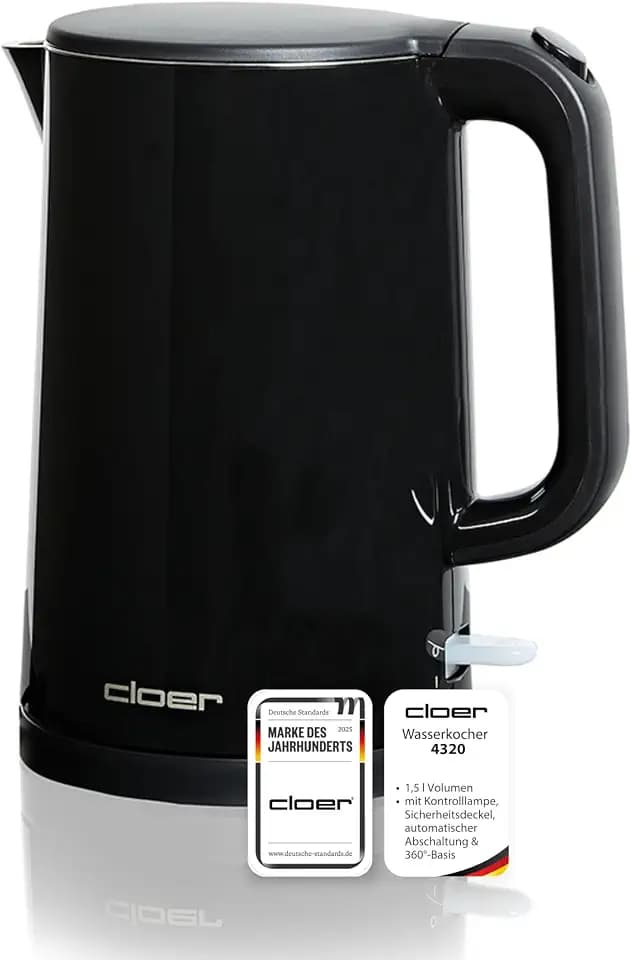 Cloer 4320 Wasserkocher 1,5 L,1500 W, Edelstahlbehälter & Deckel, automatische Abschaltung, Überhitzungsschutz, Einhandbedienung, Füllmengenmarkierung innen, Kontrollleuchte, Kunststoffgehäuse schwarz