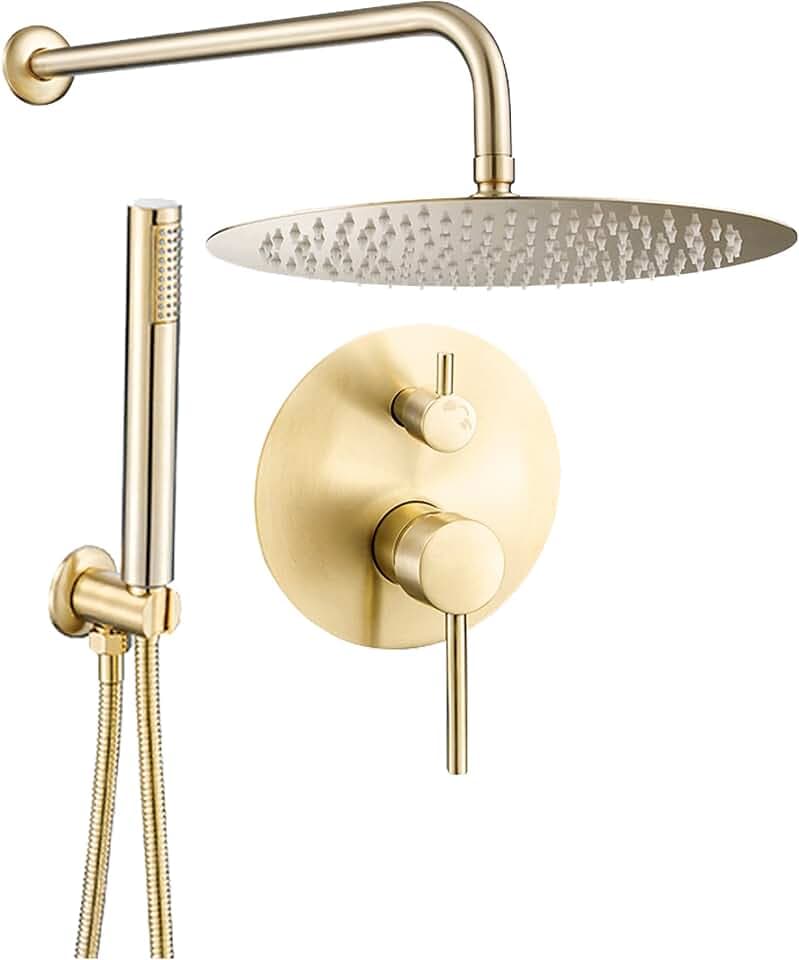 VALAZ Unterputz Duscharmatur Gold Gebürstet PVD-Schutz | Duschsystem mit Regendusche Regeneffekt | 2-Wege-Einhebeldusche, Edelstahl, Kopfbrause 20cm | Schnelle Wandmontage, Elegant, Jucar-serie
