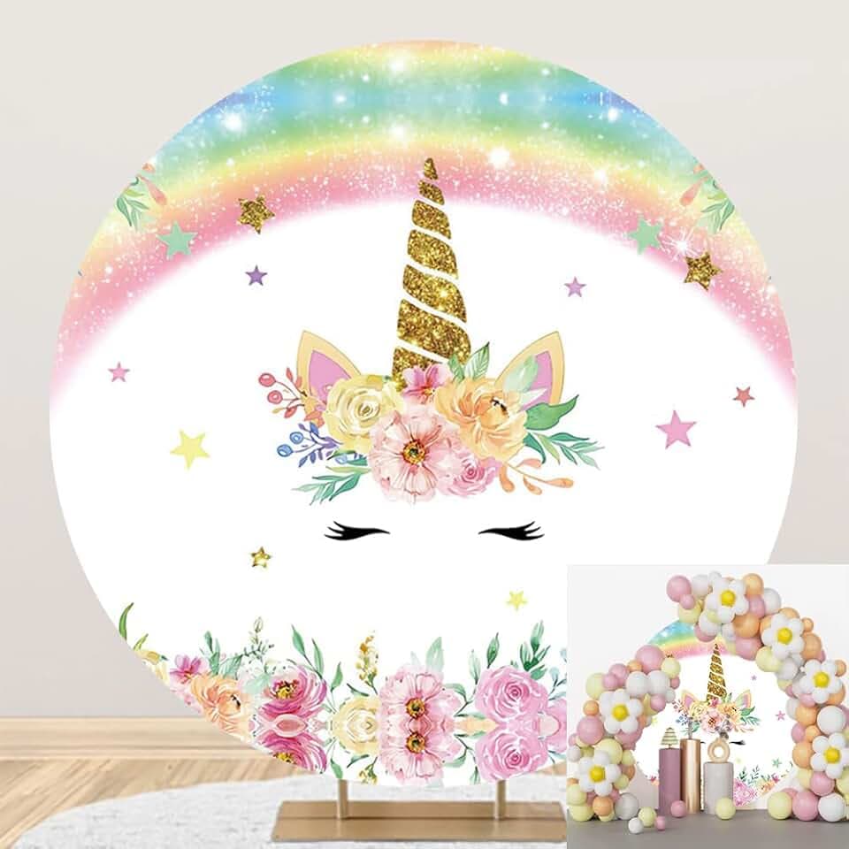 6x6ft Rainbow Unicorn Round Backdrop Gold Glitter Unicorn Floral Bokeh Circle Photography Background Girls Children Birthday Baby Shower Newborn Party Decoration Photo Booth Studio Props