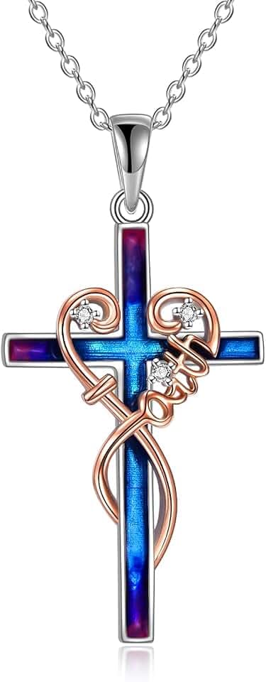 YAFEINI Kreuz Kette 925 Sterling Silber Religiöse Kreuz Anhänger Halskette mit Gravur Faith Hope Love Schmuck für Damen Mädchen Herren