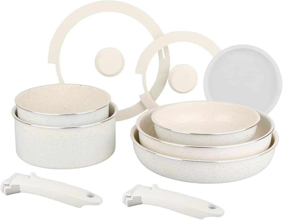 Sitram 716977 Kochgeschirr-Set 10-teilig aus weißem Aluminium – gesunde Keramikbeschichtung ohne PFAS – 2 Pfannen Ø20/28, 2 Töpfe Ø18/20, 1 Schmorpfanne Ø26 + 3 Deckel – für alle Herdarten, auch