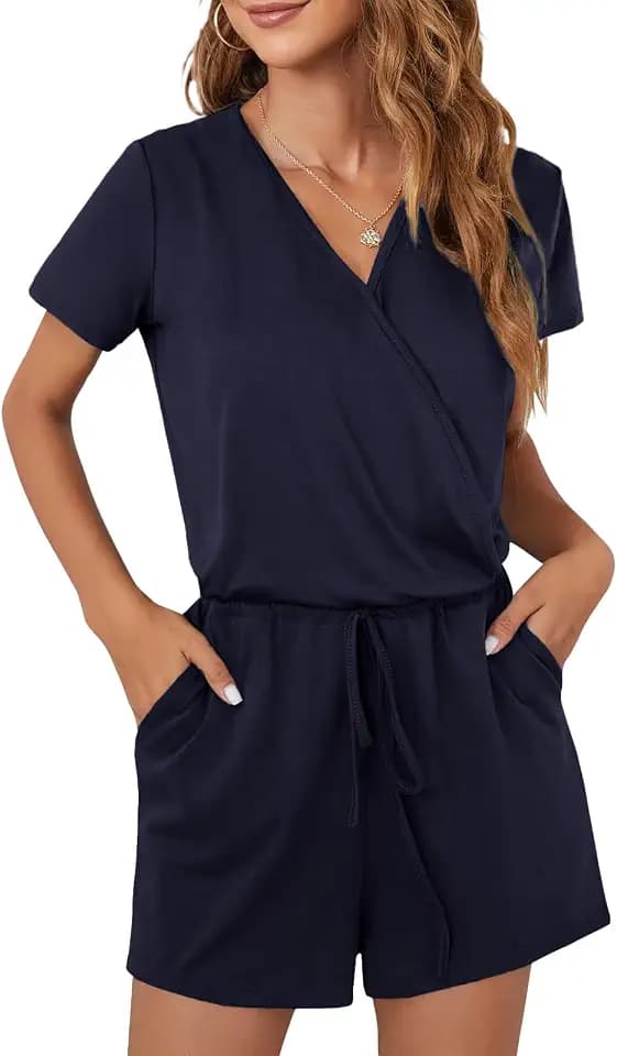 Sommer Jumpsuit Damen Elegant Playsuit Casual Overall Kurzärmel Romper Verstellbarer elastischer Bund einfarbiger mit Taschen