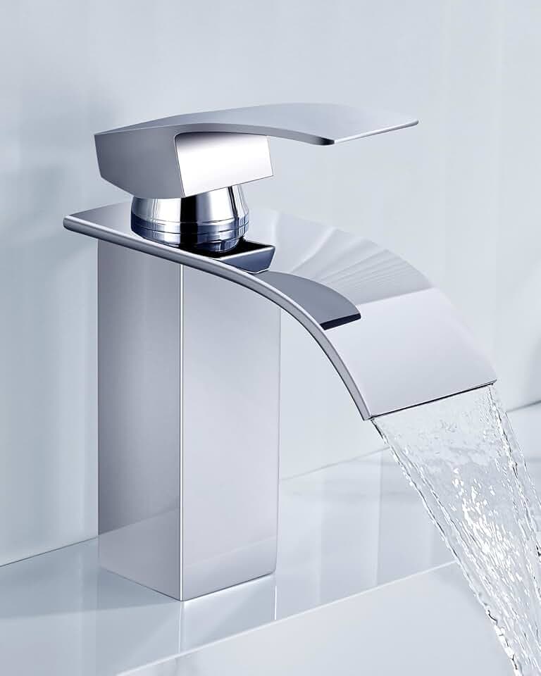 CECIPA Wasserhahn Bad, Wasserfall Wasserhahn Bad Edelstahl Waschtischarmatur Wasserfall mit Auslauf Höhe 85mm Waschbecken Armatur Chrom Einhebelmischer Warm und Kalt wasser Mischbatterien