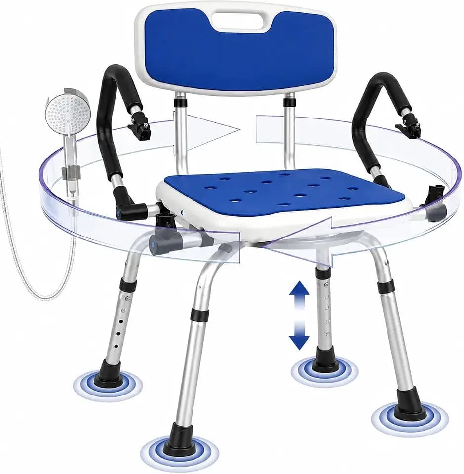 Deluxe Swivel Shower Chair with Arms & Back by CZMY, 360° Locking Seat, 5-Level Height Adjustable, Padded Heavy-Duty Bath Chair, 300 lbs, for Seniors, Elderly, & Disabled (Blue with Flip-Up Arms)