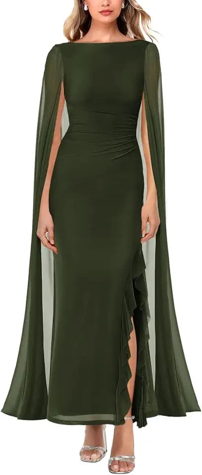 Lrady Women's Formal Evening Gowns High Split Ruffle Wedding Guest Cape Sleeve Cocktail Party Maxi Dresses