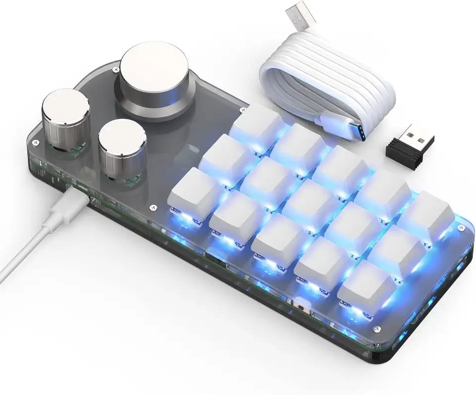 Mechanische Mini Makro Tastatur - Kabellos, Programmierbar, Hot-Swap Gaming Keyboard mit RGB Beleuchtung, 2.4G & BT für Gamer, Programmierer, Büro (Weiß, 15 Tasten/3 Knöpfe)