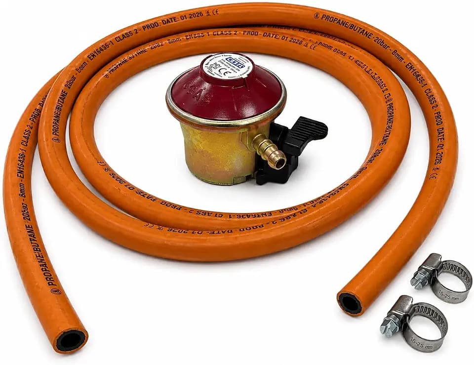 JD Brands Terrassengasregler, 27 mm, zum Anklippen, mit 2 m Schlauch und 2 Clips, kompatibel mit Calor & Flogas Propan-Tanks für Grills, Heizungen und Outdoor-Ausrüstung