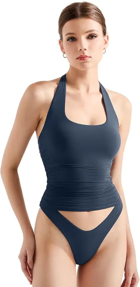 SUUKSESS Women Halter Tank Tops Double Lined Backless Y2K Going Out Tops