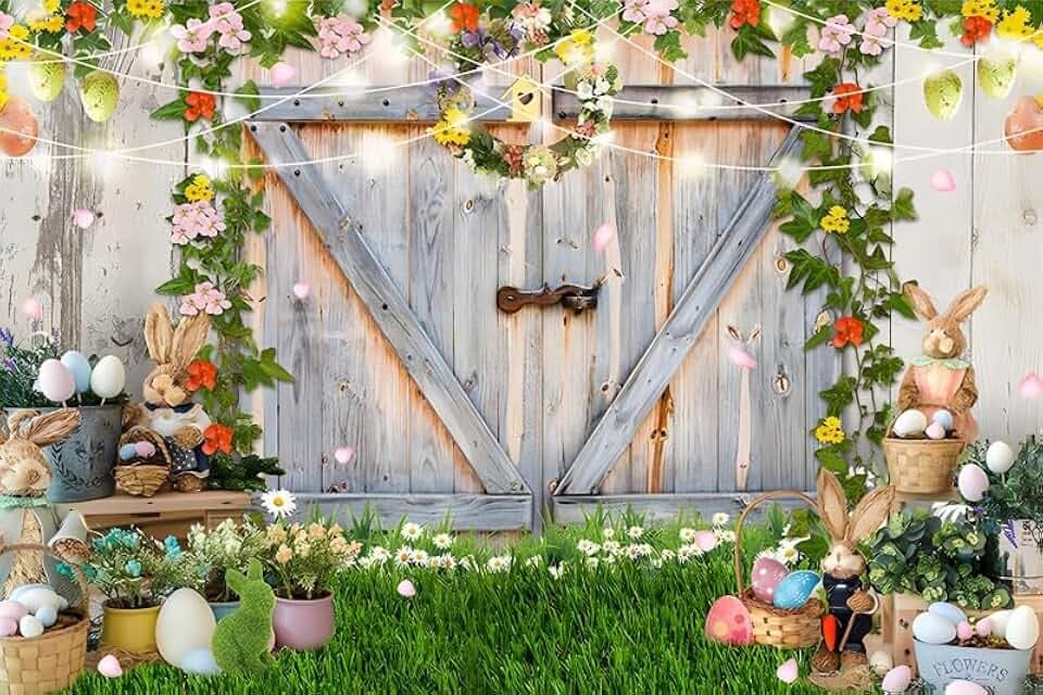 10x8ft Spring Easter Backdrop Eggs Rabbit Bunny Spring Flowers Floral Grass Garden Barn Door Green Plants Decorations Background Baby Shower Birthday Party Banner Photo Studio Props