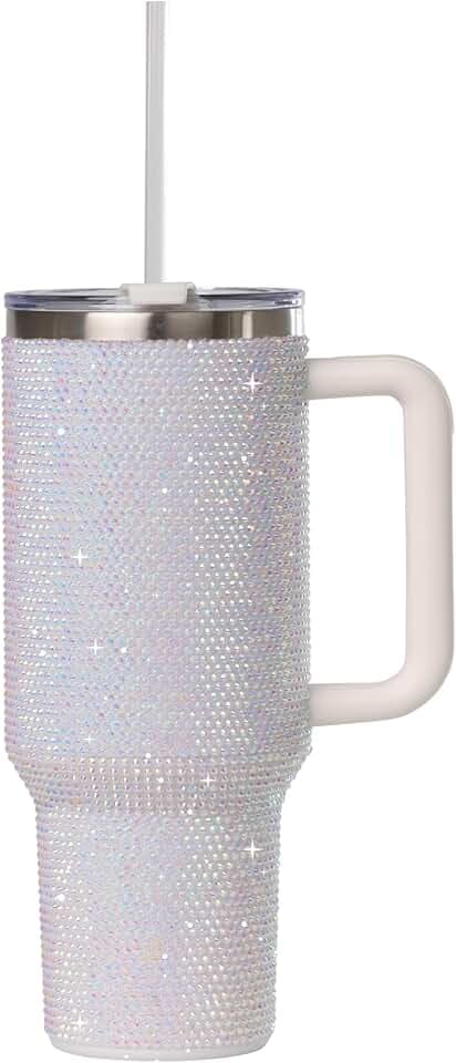 Grenada 40oz Rhinestone-Encrusted Insulated Tumbler - Premium Bling Stainless Steel Water Bottle with Handle, Double Wall Vacuum Technology, Includes Leakproof Lid and Straw