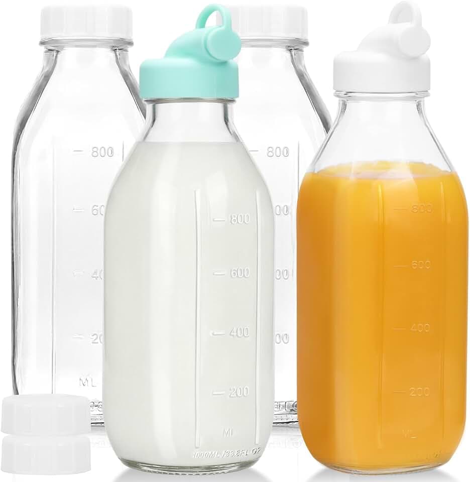CUCUMI 4 Pack 32 Oz Glass Milk Bottle with Reusable Lid